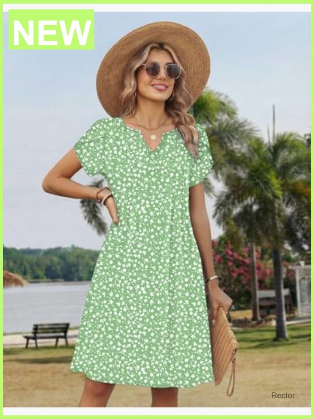 Casual Floral V-Neck A-Line T-Shirt Dress with Pockets Short Sleeve Mini - Picture 3 of 6